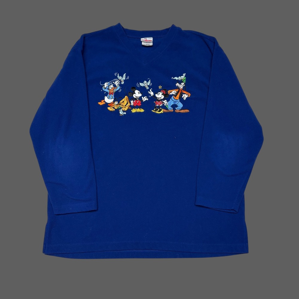 The Disney Store Mens Blue Fleece Mickey Mouse Friends Embroidered Pullover M